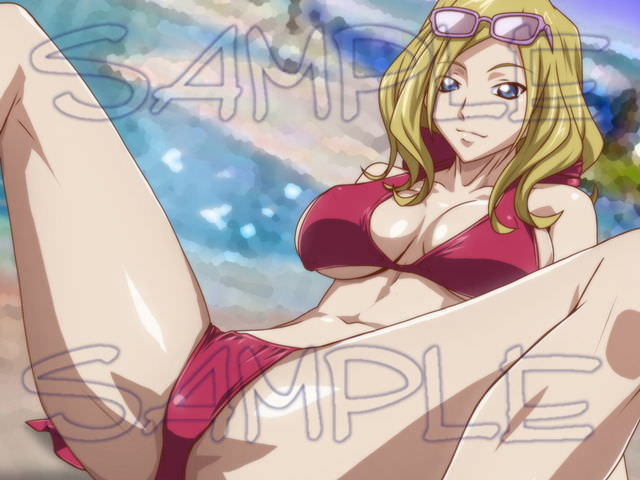 開放的なプールサイドで大股開きする金髪美女